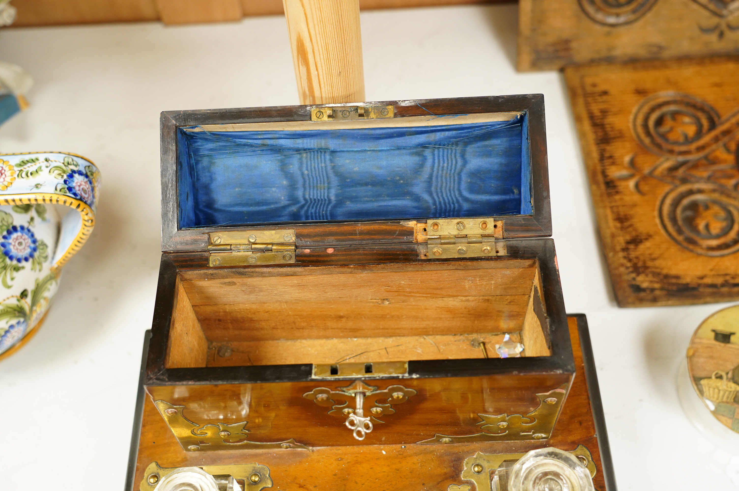 A 19th century brass mounted walnut desk stand, 27cm tall. Condition - fair